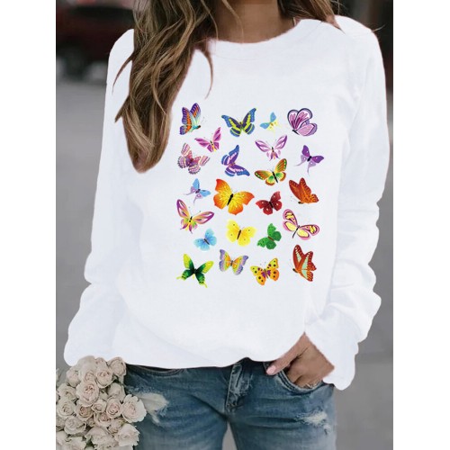 Butterflies Print O-neck Long Sleeve Casual Sweatshirt For Women