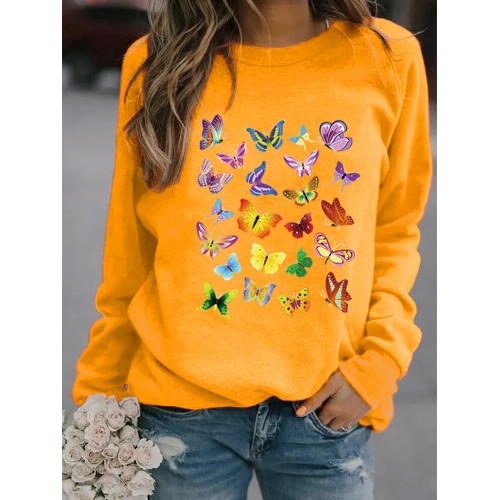 Butterflies Print O-neck Long Sleeve Casual Sweatshirt For Women