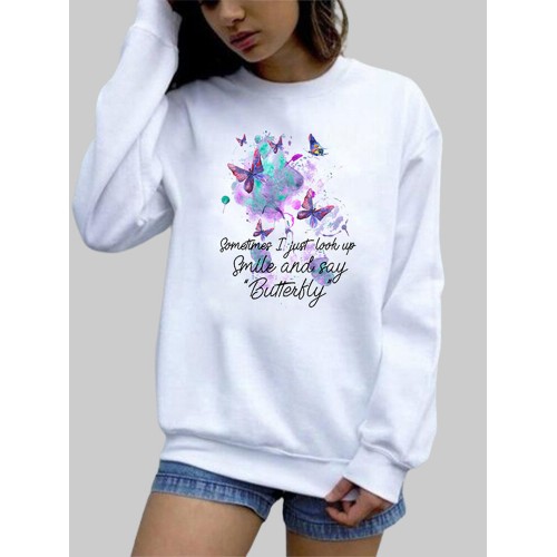 Butterfly Letters Printed Long Sleeve O-neck Sweatshirt For Wome