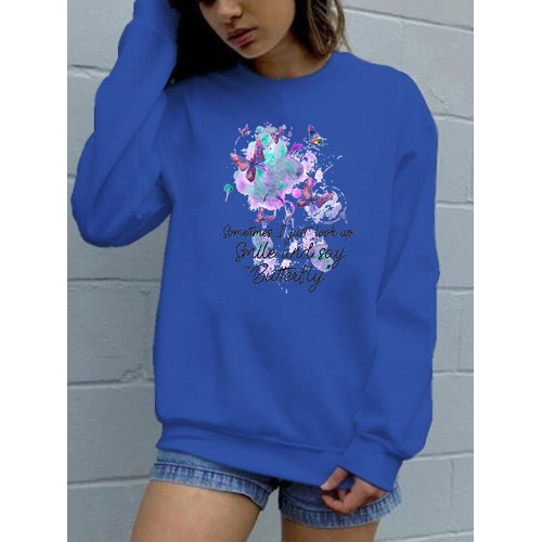 Butterfly Letters Printed Long Sleeve O-neck Sweatshirt For Wome
