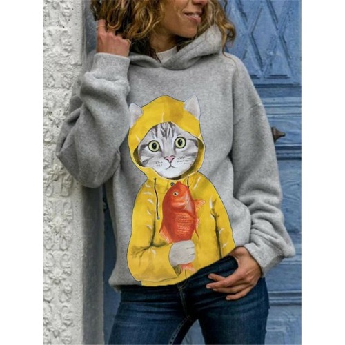 Cartoon Cat Print Long Sleeve Casual Hoodie For Women