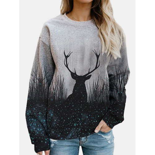 Cartoon Elk Print Long Sleeves O-neck Casual Sweatshirt For Wome