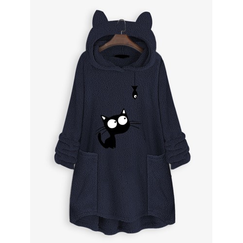 Casual Cat Fish Print Pockets Hoodies For Women