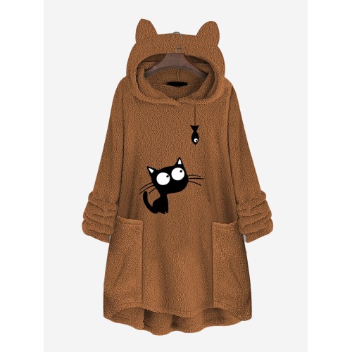Casual Cat Fish Print Pockets Hoodies For Women