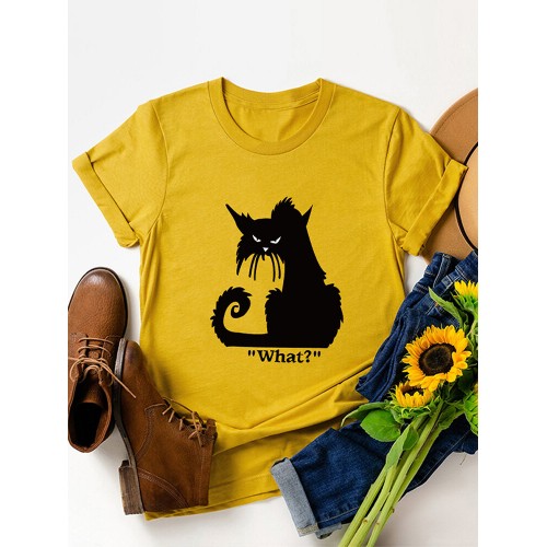 Cartoon Cat Printed Short Sleeve O-neck T-shirt For Women