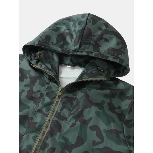 Camouflage Print Hooded Drawstring Jacket With Pocket