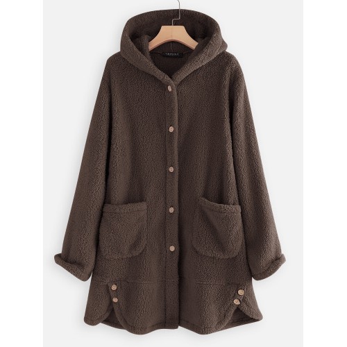 Casual Button Fleece Pockets Hooded Coat