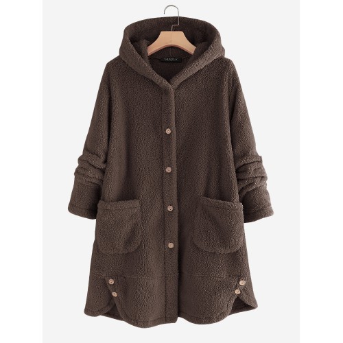 Casual Button Fleece Pockets Hooded Coat