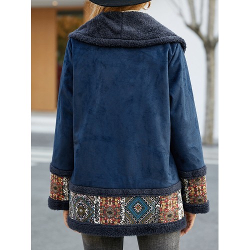 Casual Patch Print Faux Suede Double-breasted Winter Coat