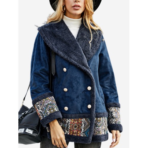 Casual Patch Print Faux Suede Double-breasted Winter Coat