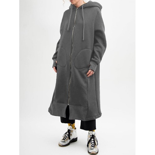 Casual Solid Color Pockets Front Zipper Hooded Long Coat