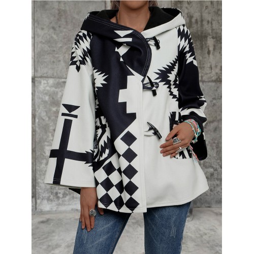 Contrast Color Geometric Print Long Sleeve Coat For Women
