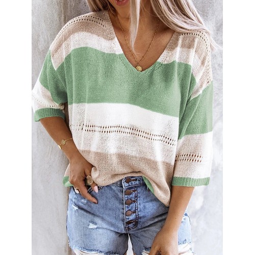 Contrast Color Hollow 3/4 Sleeve V-neck Casual Sweater For Women