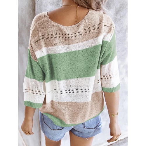 Contrast Color Hollow 3/4 Sleeve V-neck Casual Sweater For Women